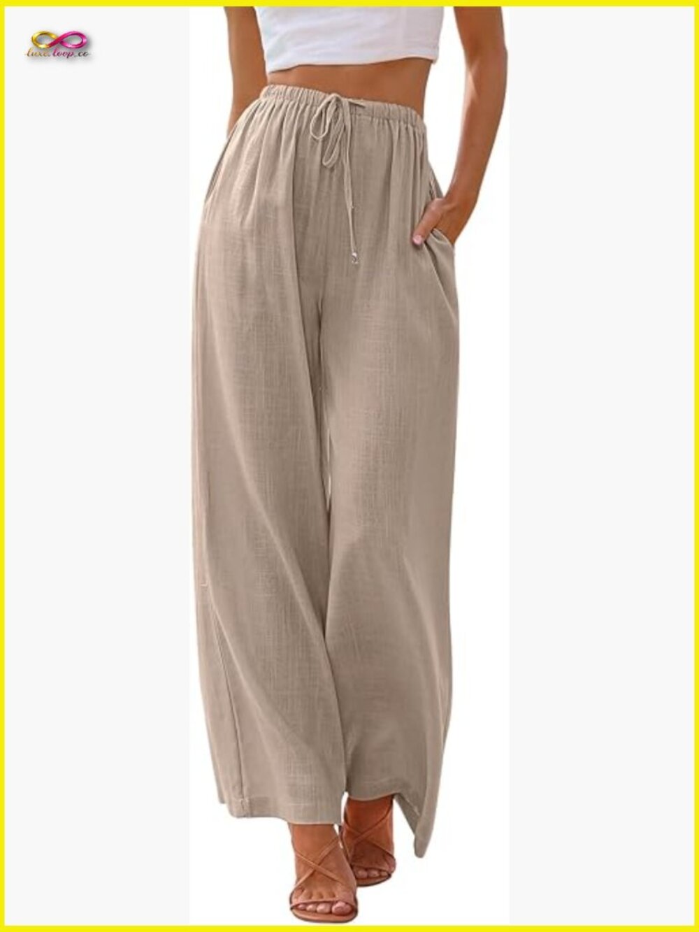 Wide Leg Linen Palazzo Pants Flowy Beach Pants with Pockets High Rise Summer